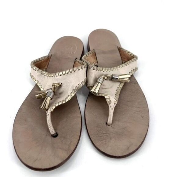 Jack Rogers Alana Sandal in Bone and Gold 8.5 leather goldtone tassels flip flop - Picture 2 of 6